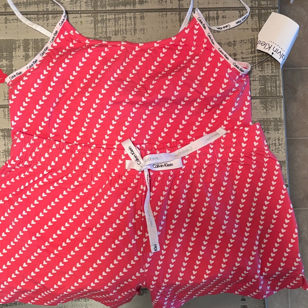 Calvin Klein Pink and White Heart Pattern Tank Top and Shorts.